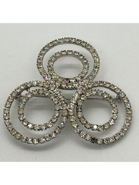 Vintage Brooch Interlocking Triple Circle Rhinestone Silver-tone Pin READ